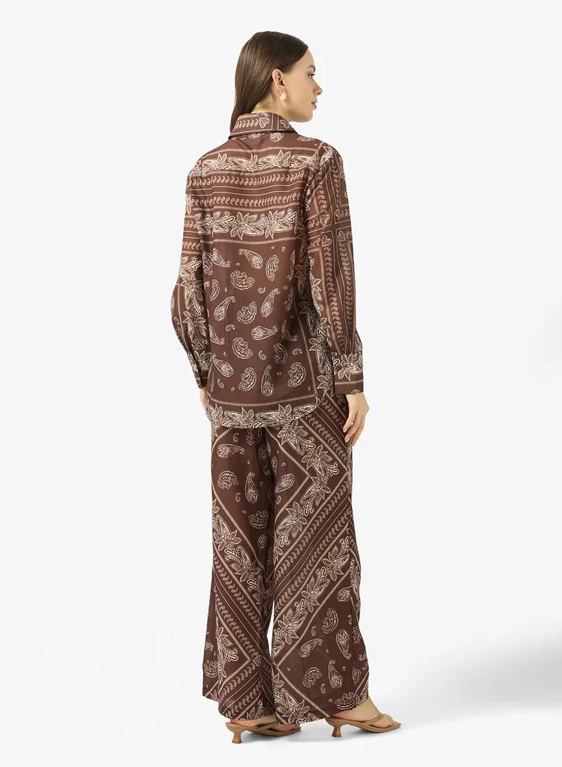 Ginger Paisely Scarf Print Shirt & Wide Leg Pant Coord Set